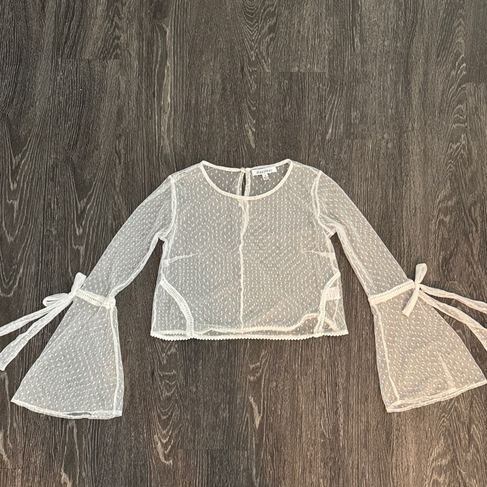 Sheer Polkadot Bell Sleeve Ribbon Top